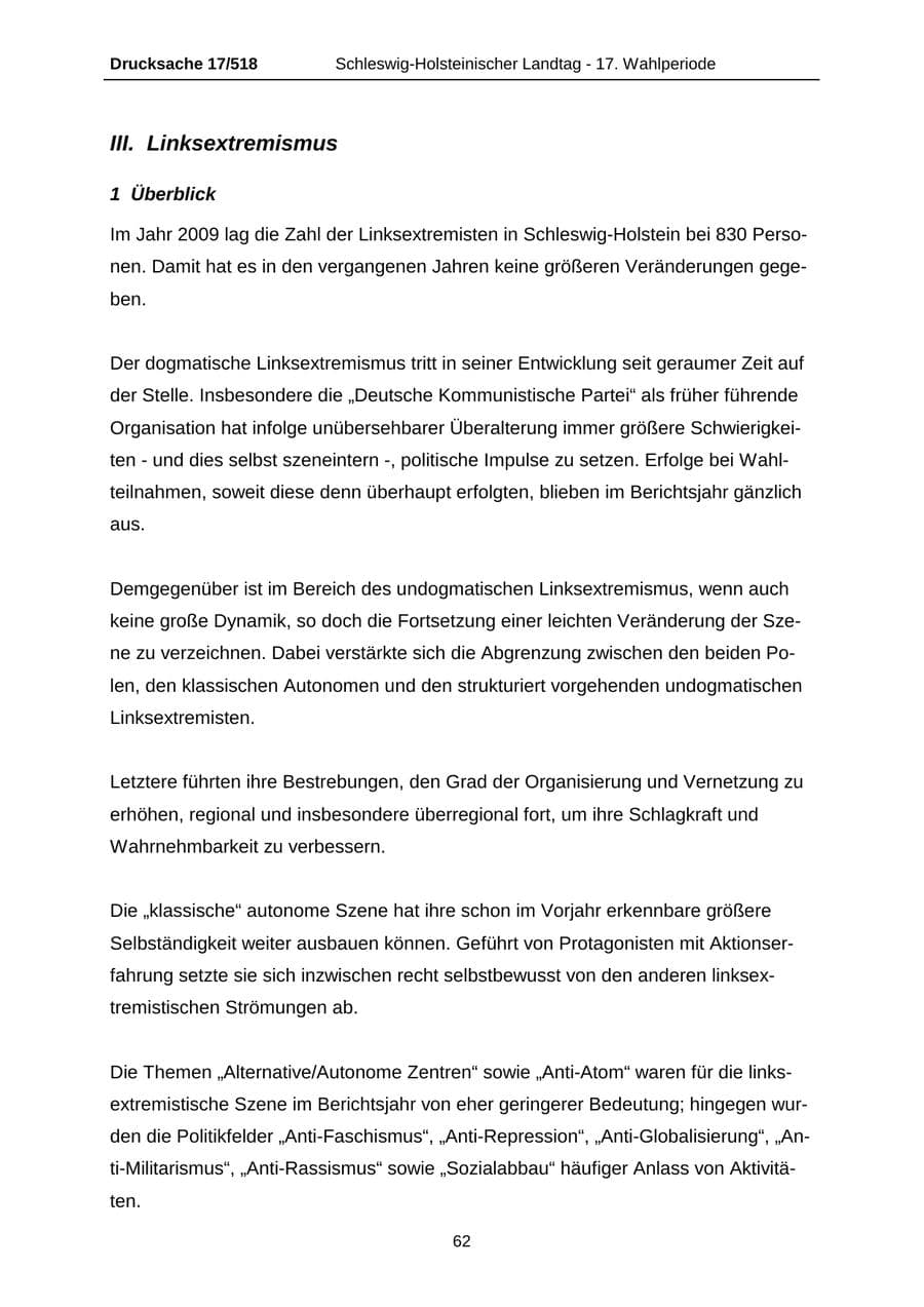 Seite 62 des Verfassungsschutzbericht 2009 Schleswig-Holstein