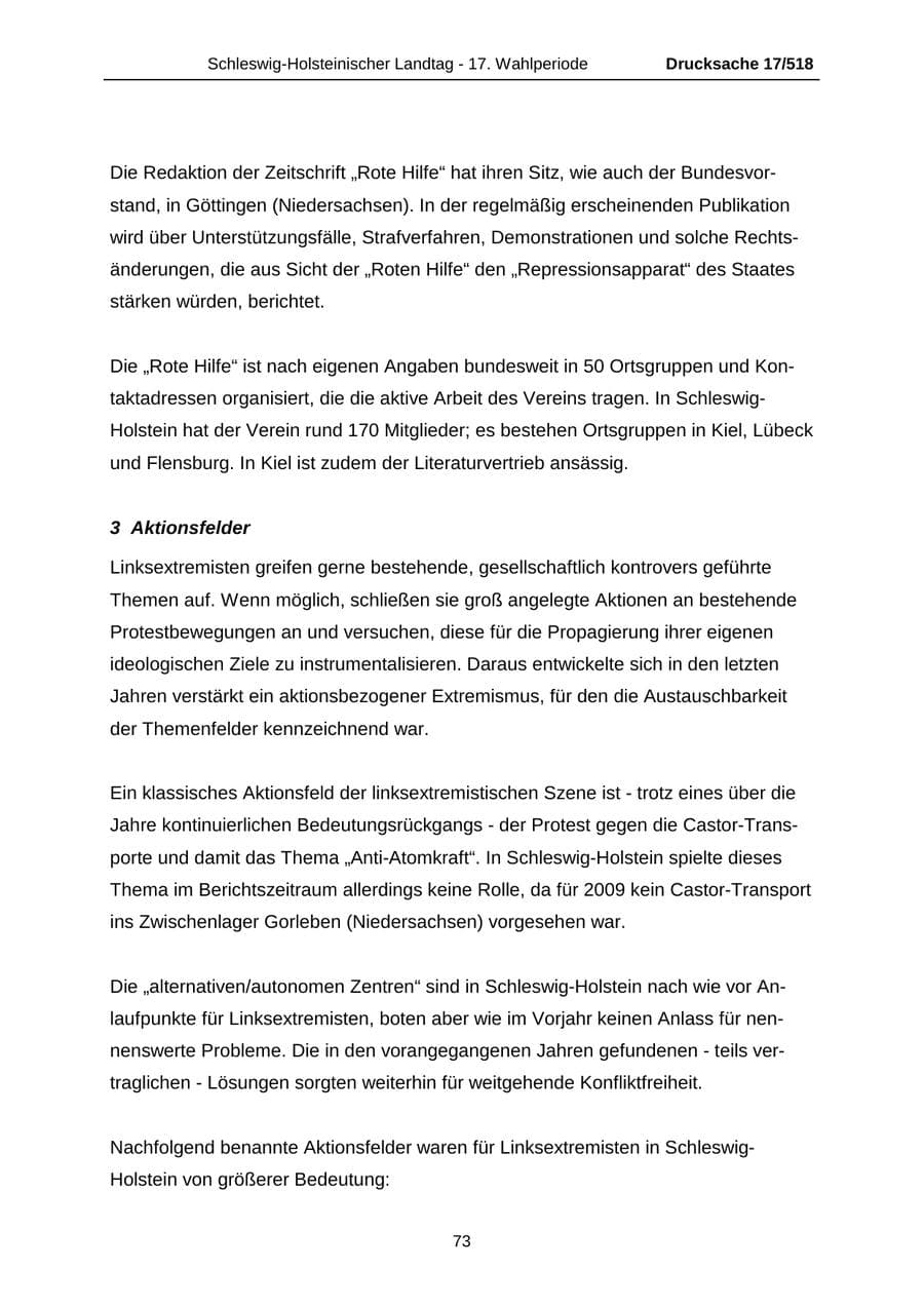 Seite 73 des Verfassungsschutzbericht 2009 Schleswig-Holstein