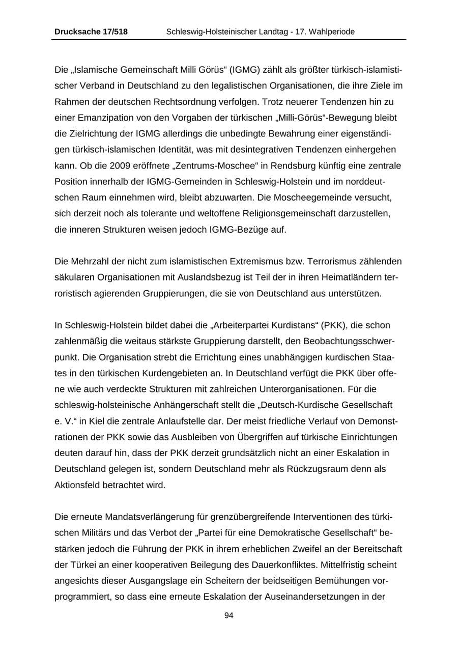 Seite 94 des Verfassungsschutzbericht 2009 Schleswig-Holstein
