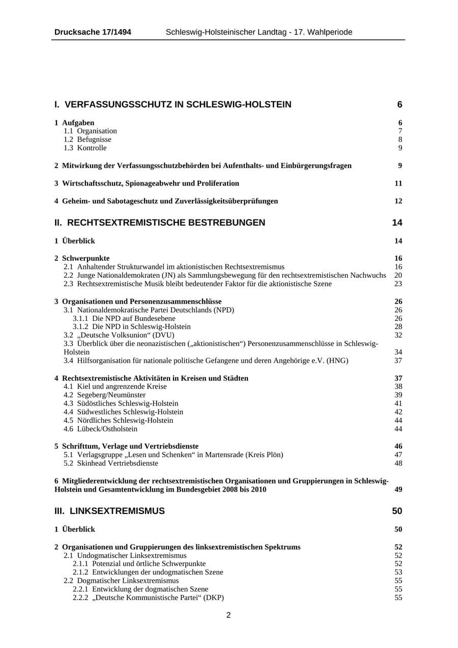 Seite 2 des Verfassungsschutzbericht 2010 Schleswig-Holstein