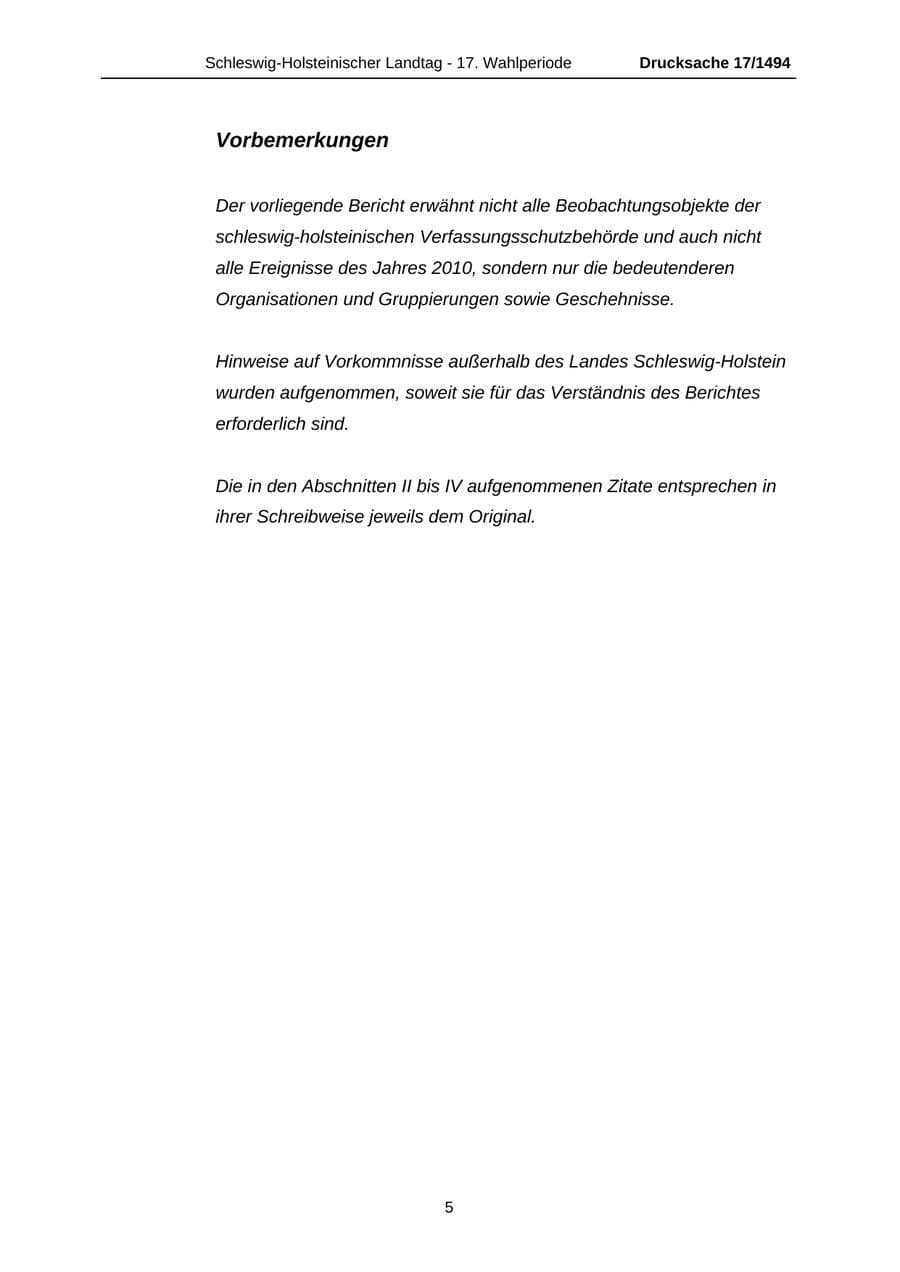Seite 5 des Verfassungsschutzbericht 2010 Schleswig-Holstein