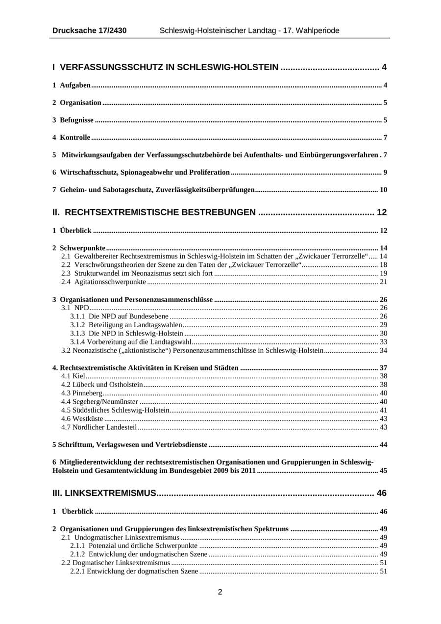 Seite 2 des Verfassungsschutzbericht 2011 Schleswig-Holstein