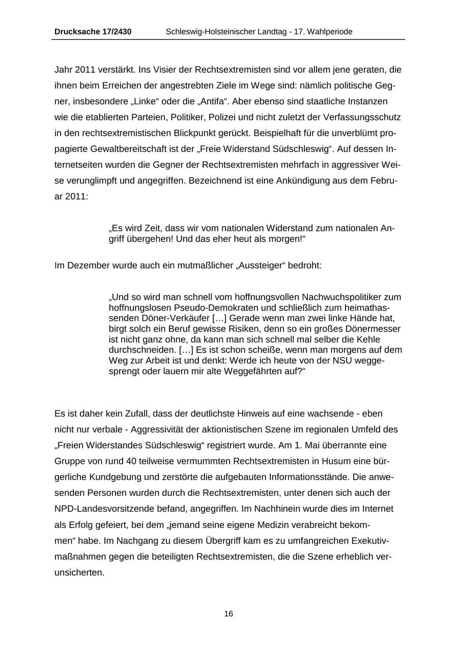 Seite 16 des Verfassungsschutzbericht 2011 Schleswig-Holstein