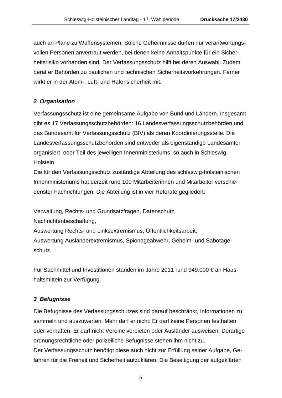 Seite 5 des Verfassungsschutzbericht 2011 Schleswig-Holstein