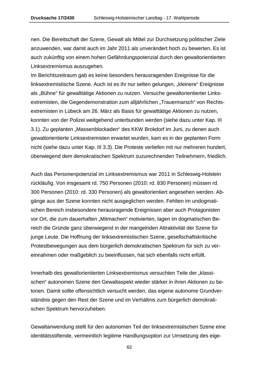 Seite 62 des Verfassungsschutzbericht 2011 Schleswig-Holstein