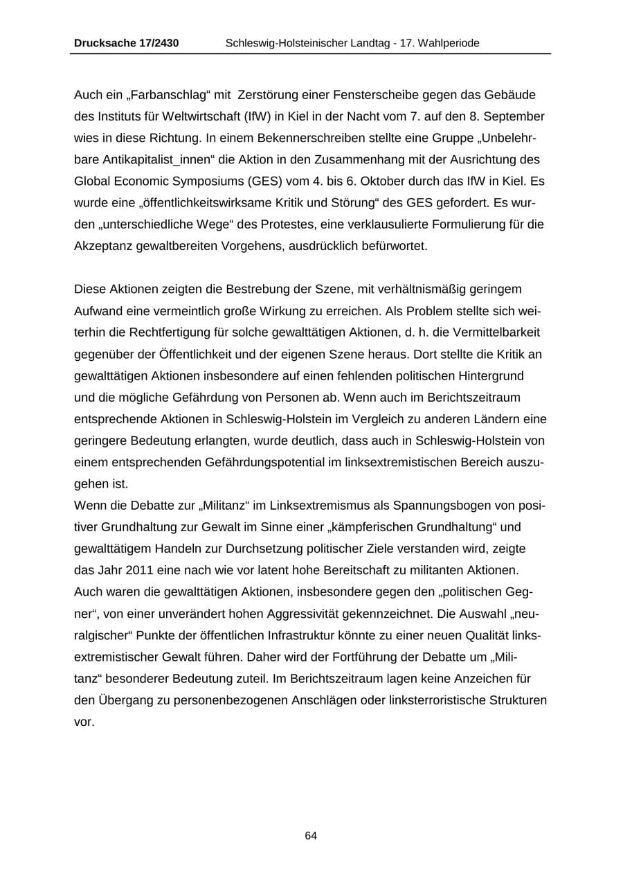 Seite 64 des Verfassungsschutzbericht 2011 Schleswig-Holstein