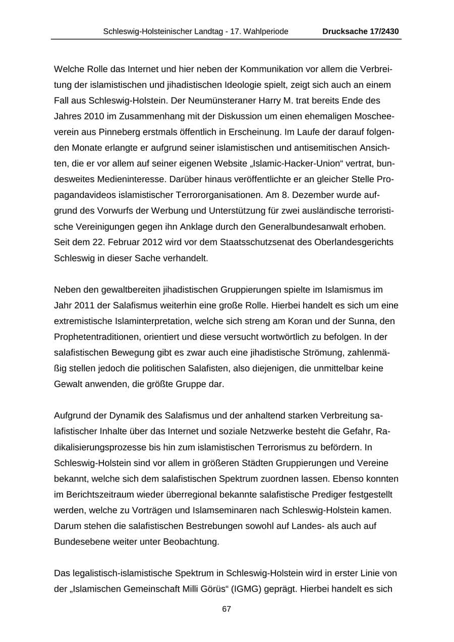Seite 67 des Verfassungsschutzbericht 2011 Schleswig-Holstein