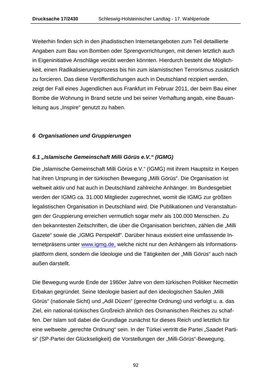 Seite 92 des Verfassungsschutzbericht 2011 Schleswig-Holstein