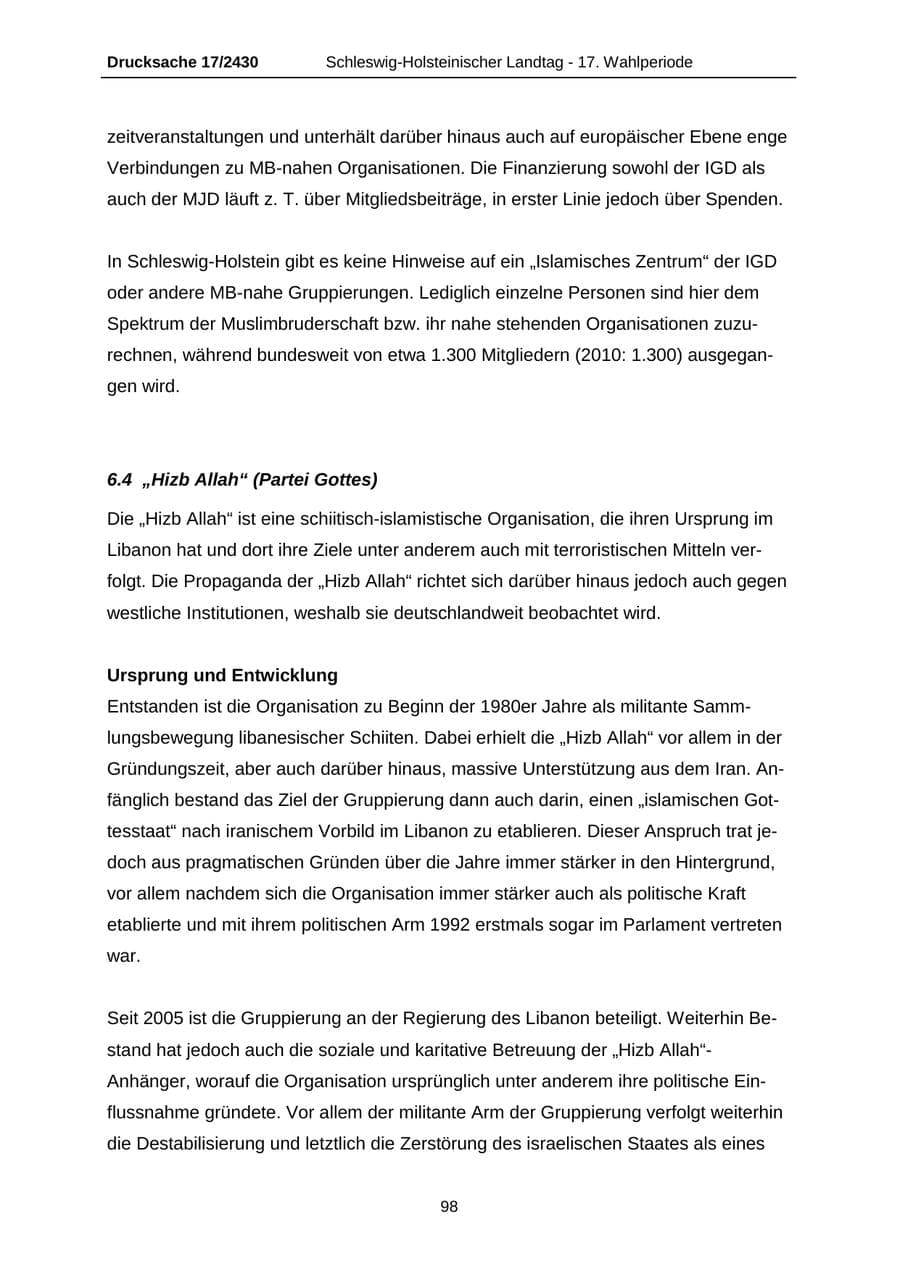 Seite 98 des Verfassungsschutzbericht 2011 Schleswig-Holstein