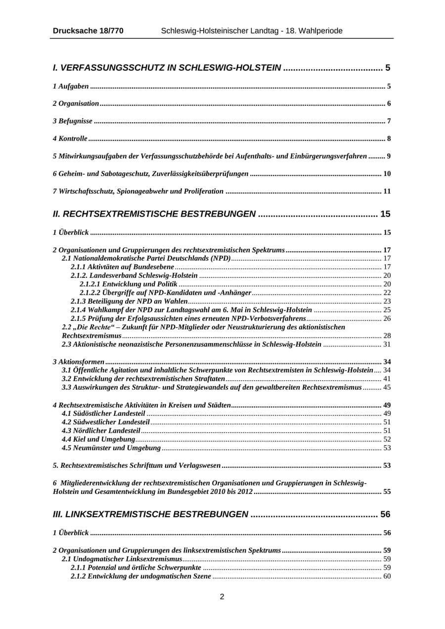 Seite 2 des Verfassungsschutzbericht 2012 Schleswig-Holstein