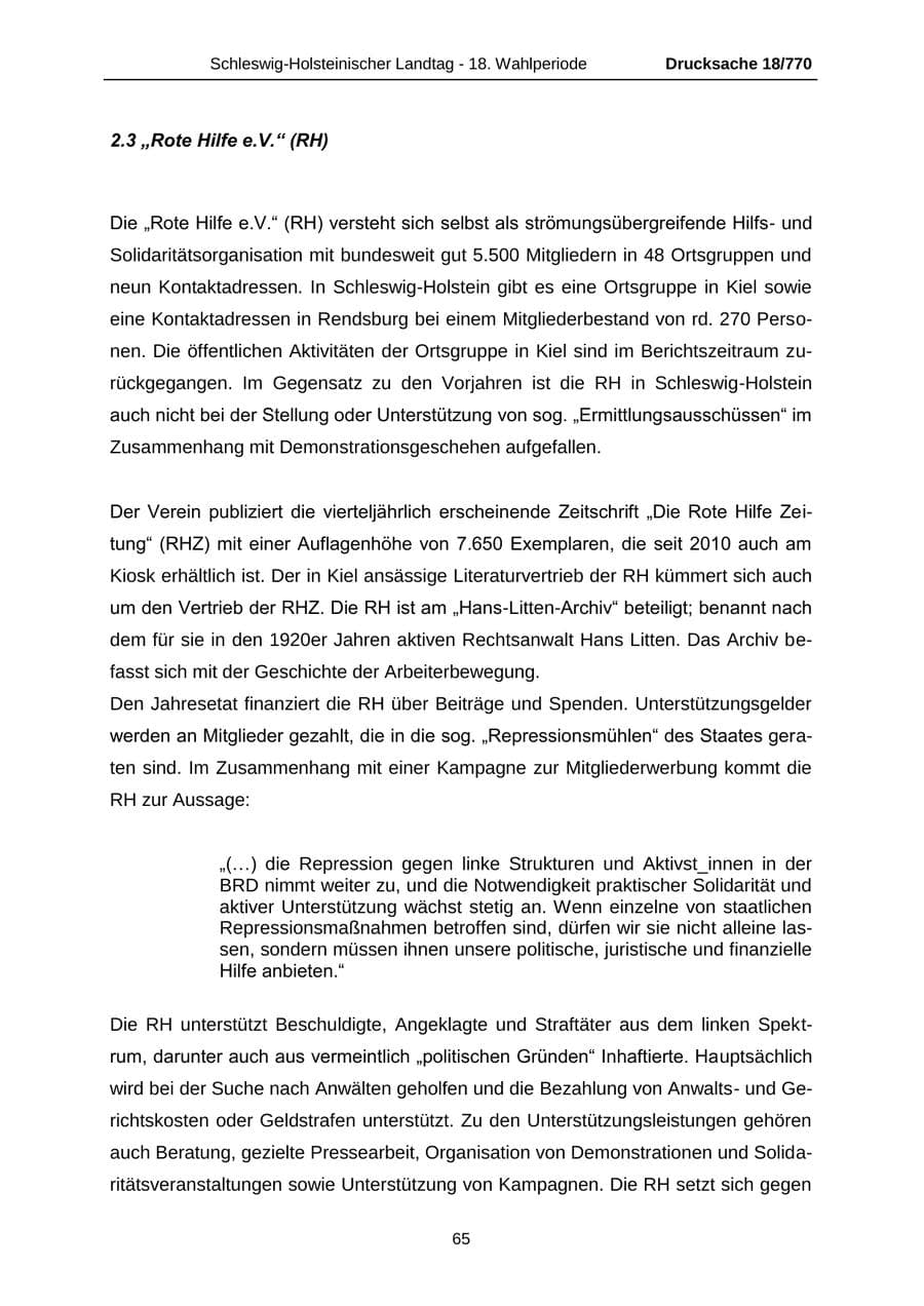 Seite 65 des Verfassungsschutzbericht 2012 Schleswig-Holstein