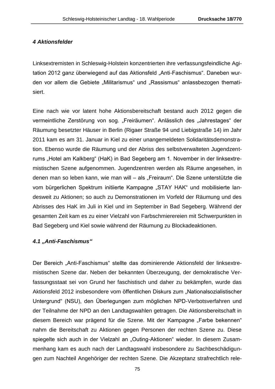 Seite 75 des Verfassungsschutzbericht 2012 Schleswig-Holstein