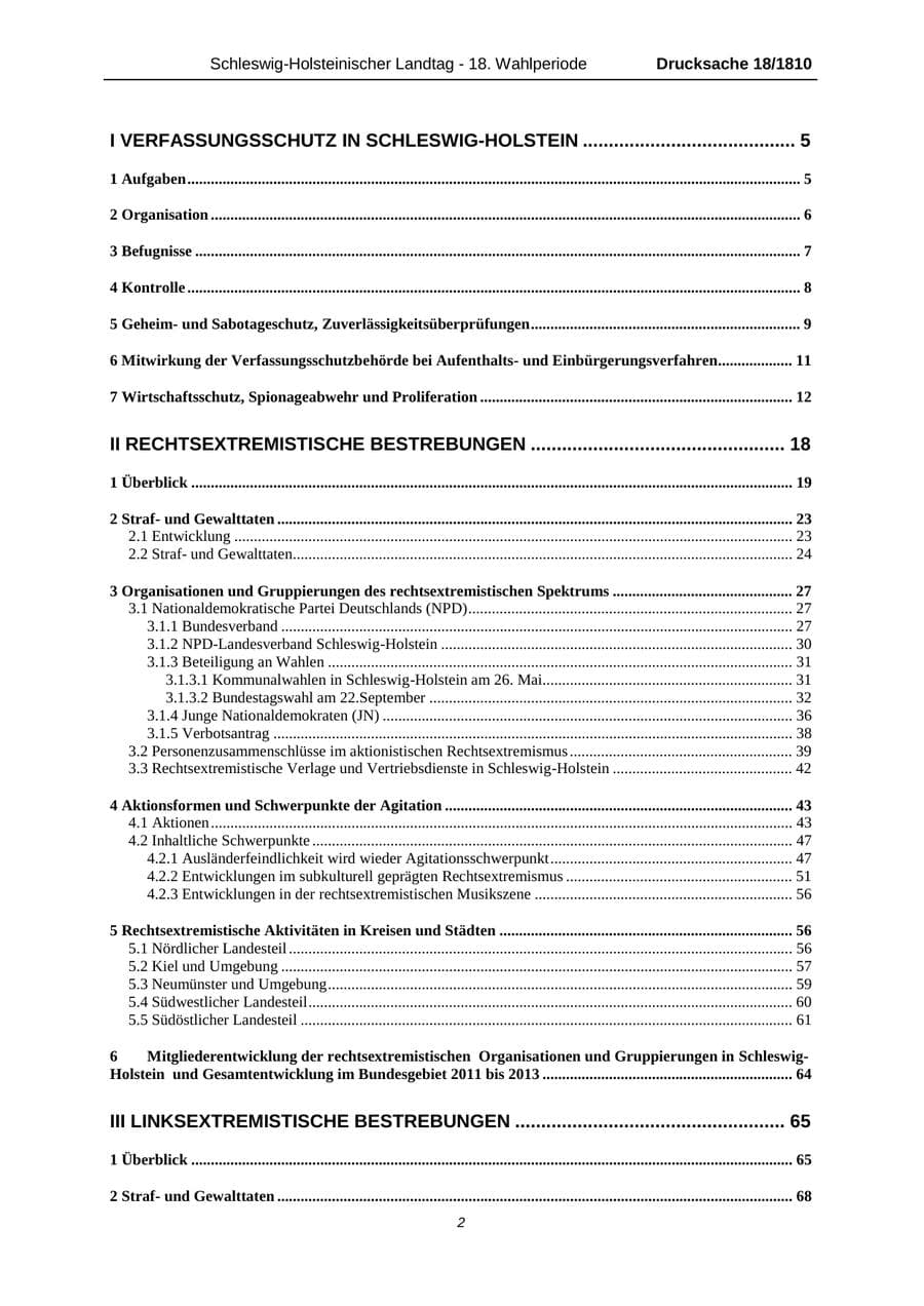 Seite 2 des Verfassungsschutzbericht 2013 Schleswig-Holstein