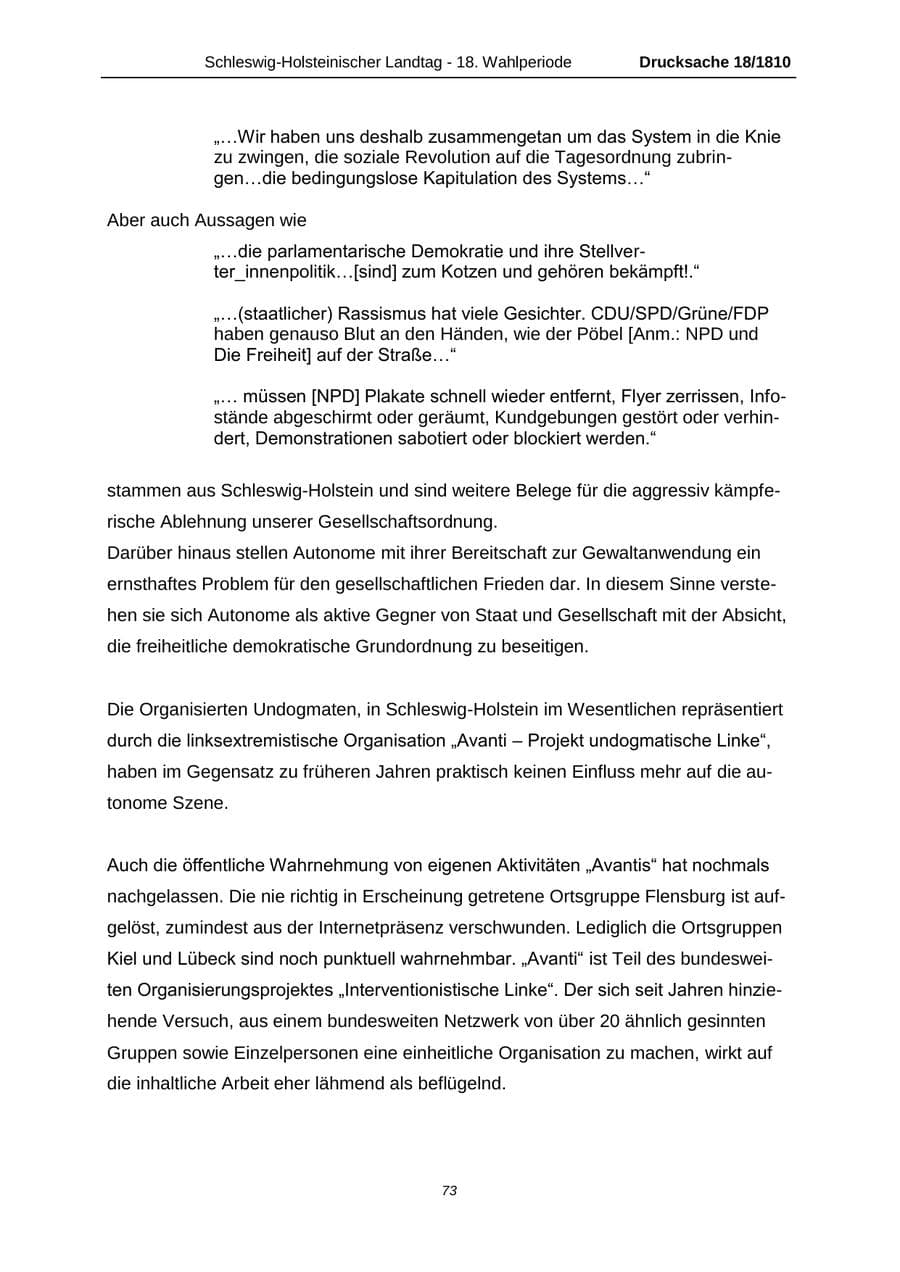 Seite 73 des Verfassungsschutzbericht 2013 Schleswig-Holstein