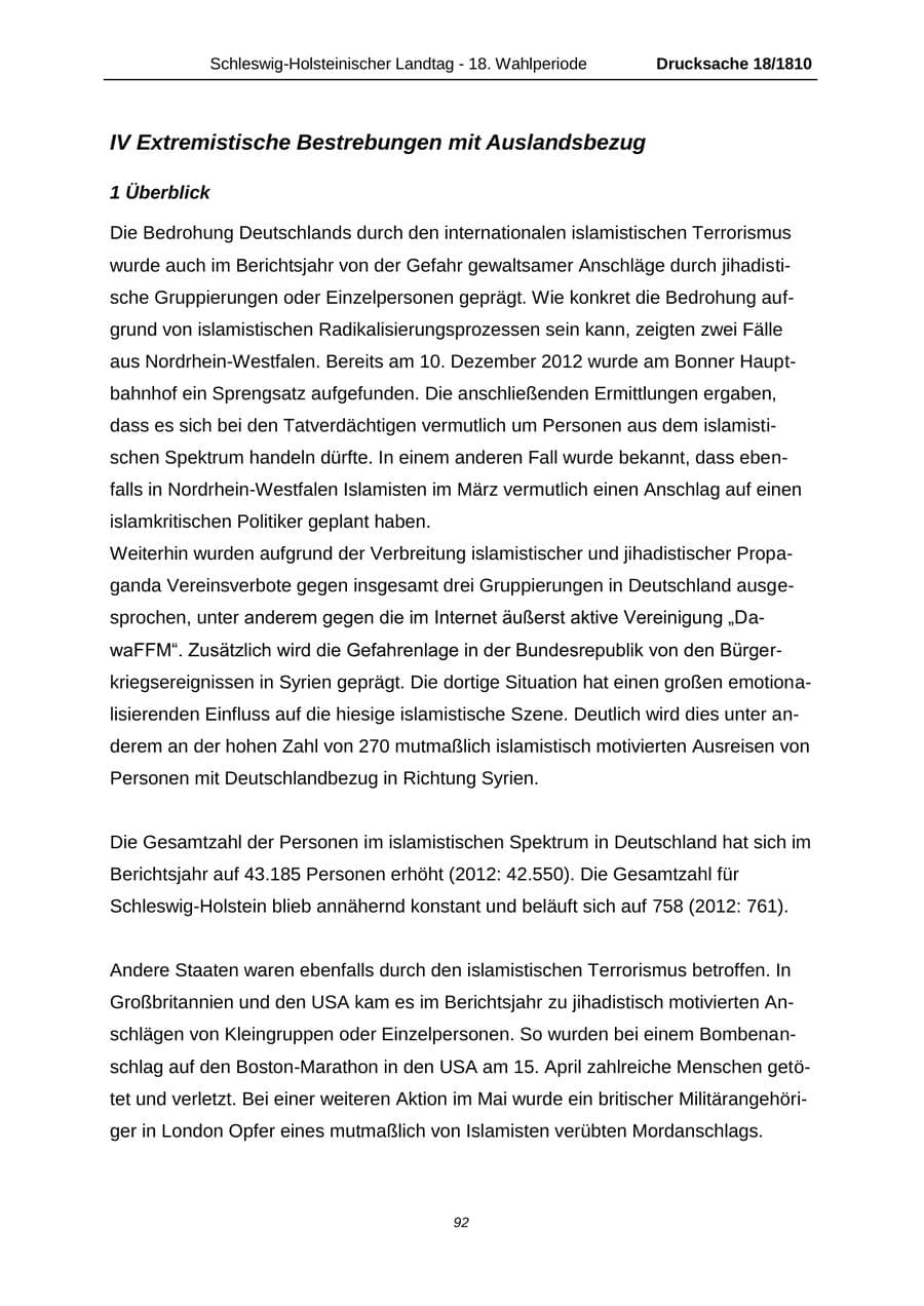 Seite 92 des Verfassungsschutzbericht 2013 Schleswig-Holstein