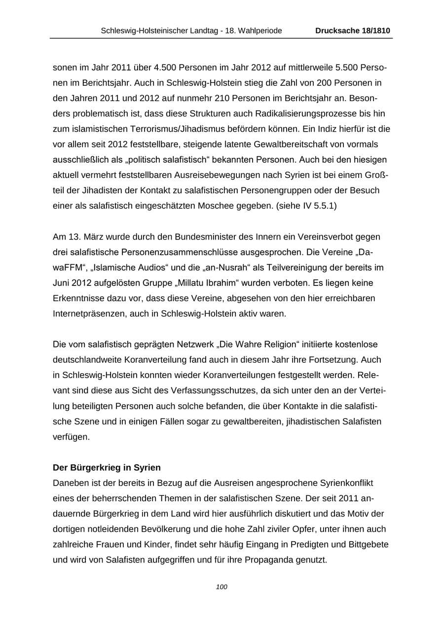 Seite 100 des Verfassungsschutzbericht 2013 Schleswig-Holstein
