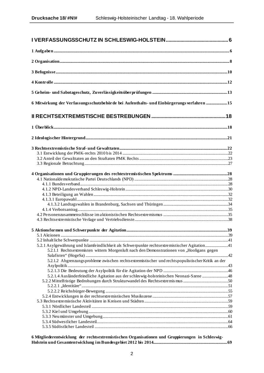 Seite 2 des Verfassungsschutzbericht 2014 Schleswig-Holstein
