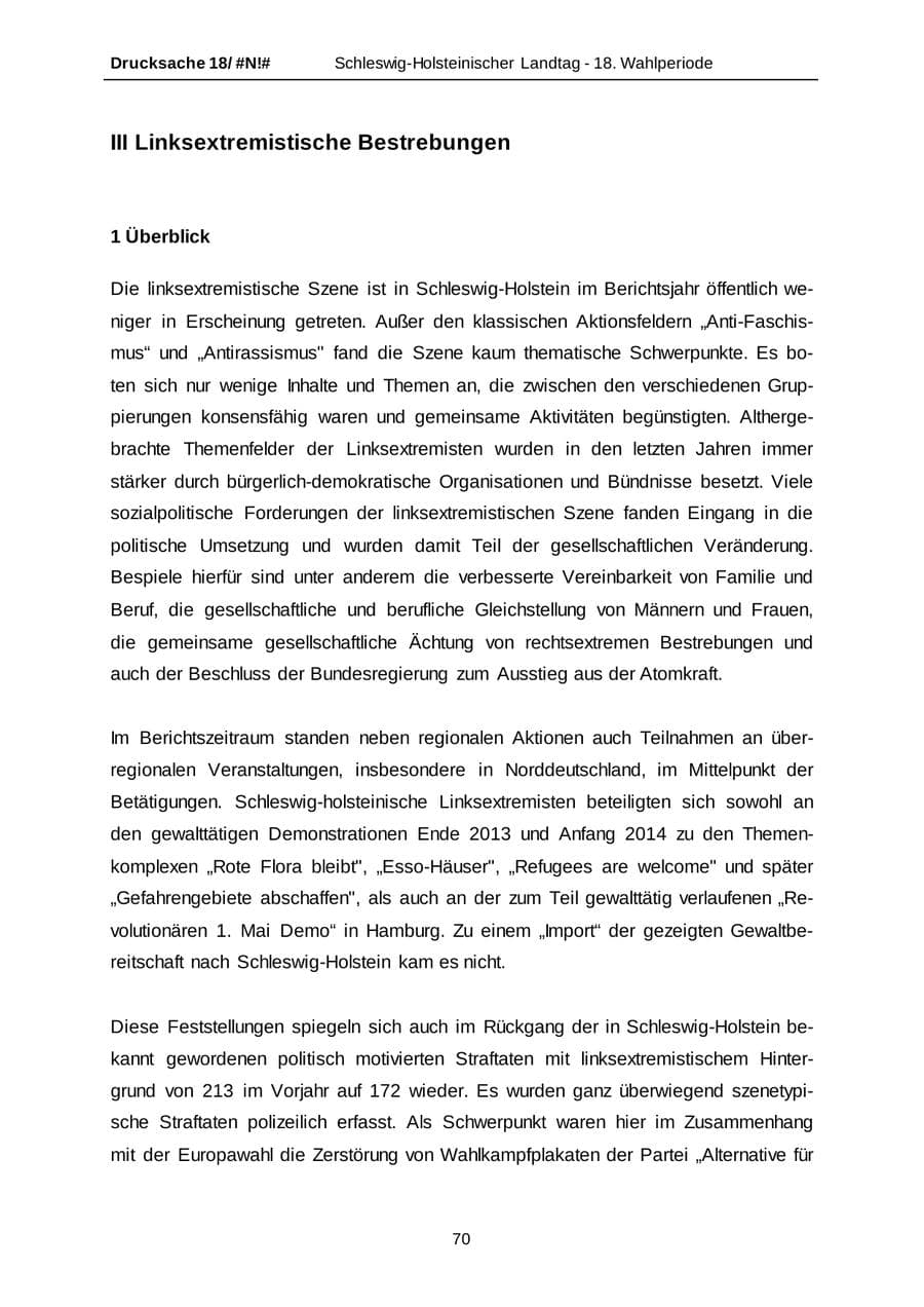 Seite 70 des Verfassungsschutzbericht 2014 Schleswig-Holstein