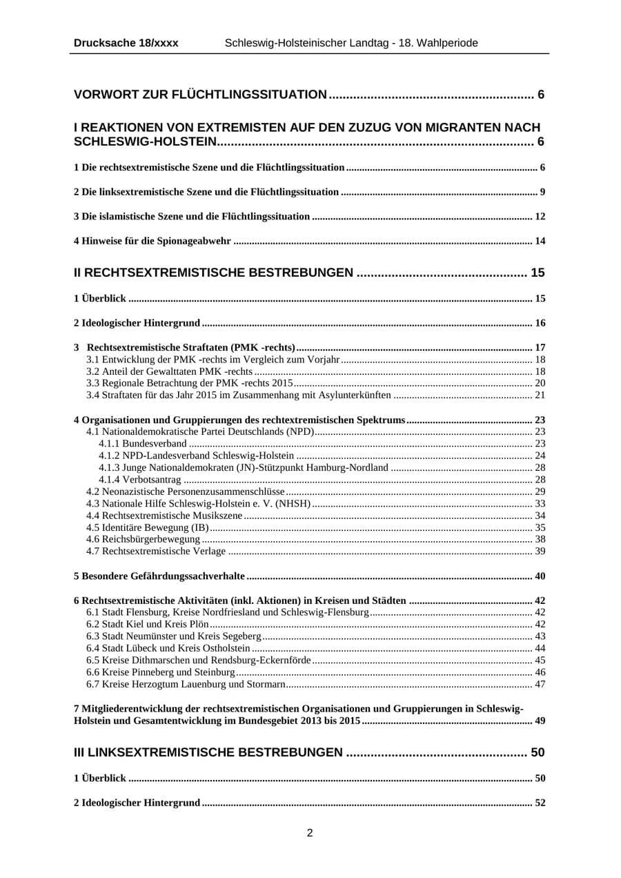 Seite 2 des Verfassungsschutzbericht 2015 Schleswig-Holstein
