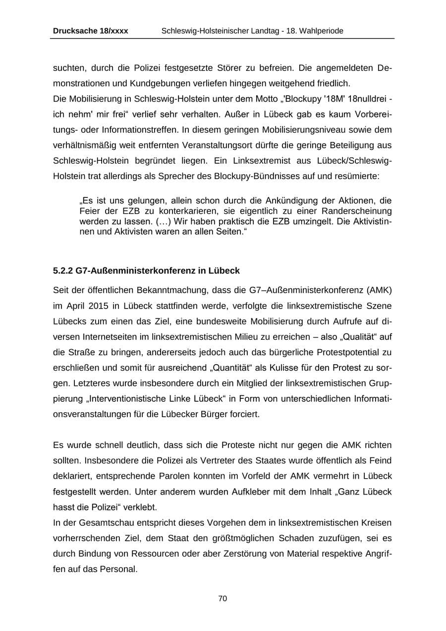Seite 70 des Verfassungsschutzbericht 2015 Schleswig-Holstein