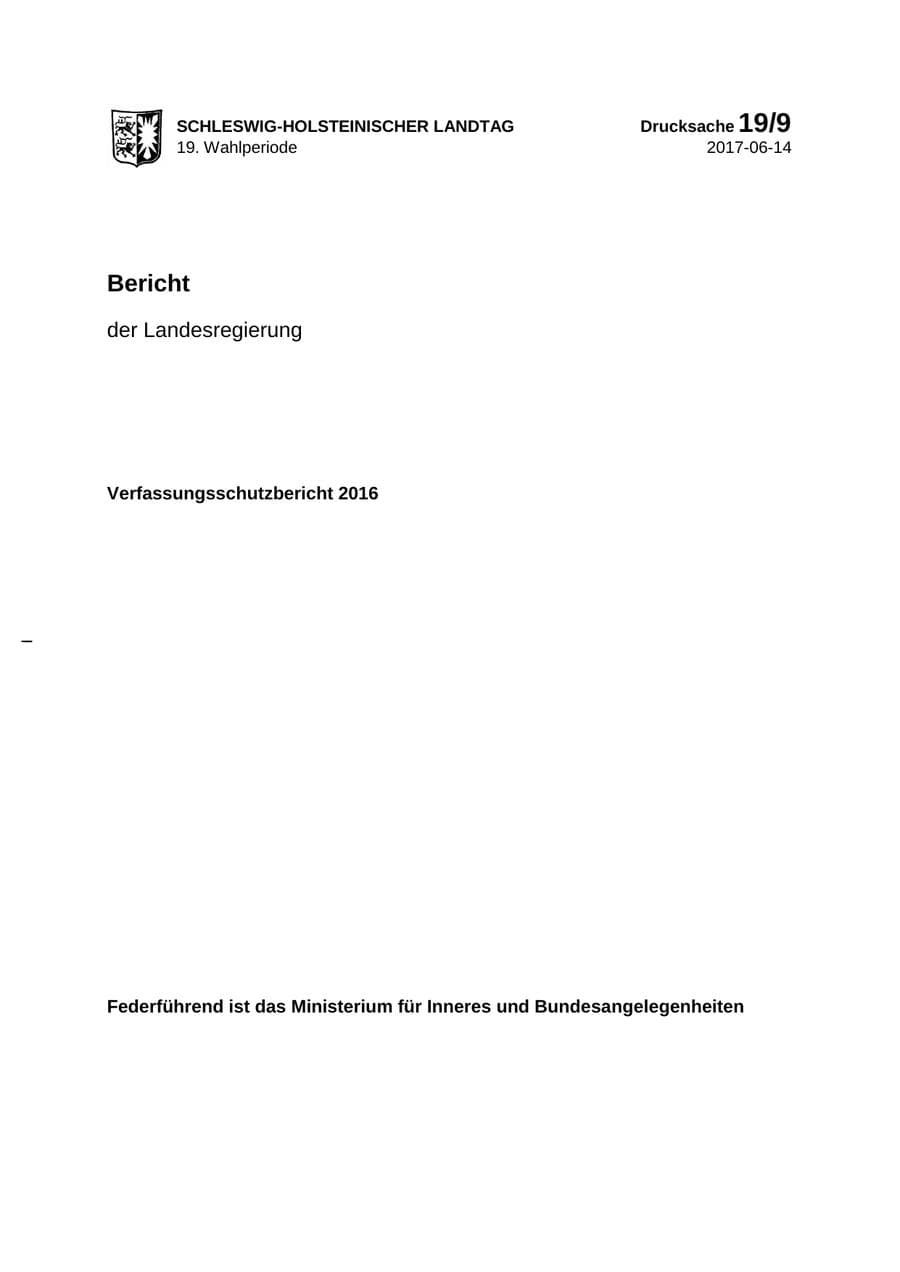 Seite 1 des Verfassungsschutzbericht 2016 Schleswig-Holstein