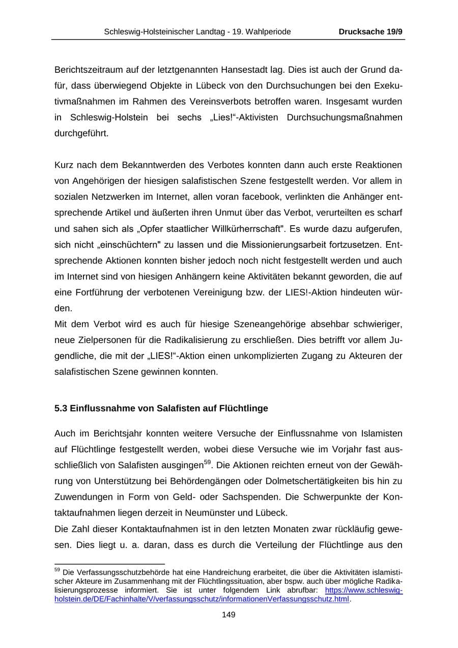 Seite 149 des Verfassungsschutzbericht 2016 Schleswig-Holstein