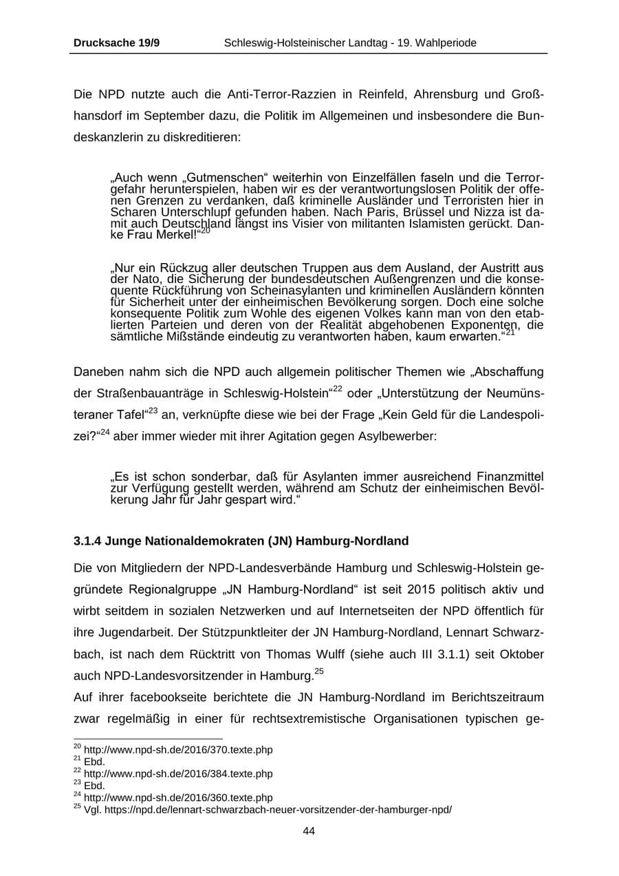 Seite 44 des Verfassungsschutzbericht 2016 Schleswig-Holstein