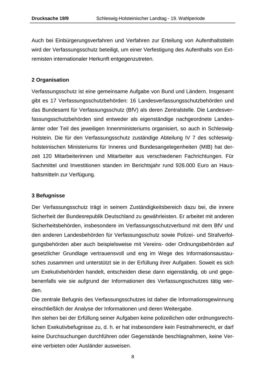 Seite 8 des Verfassungsschutzbericht 2016 Schleswig-Holstein