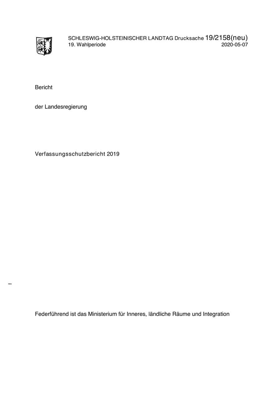 Seite 1 des Verfassungsschutzbericht 2019 Schleswig-Holstein