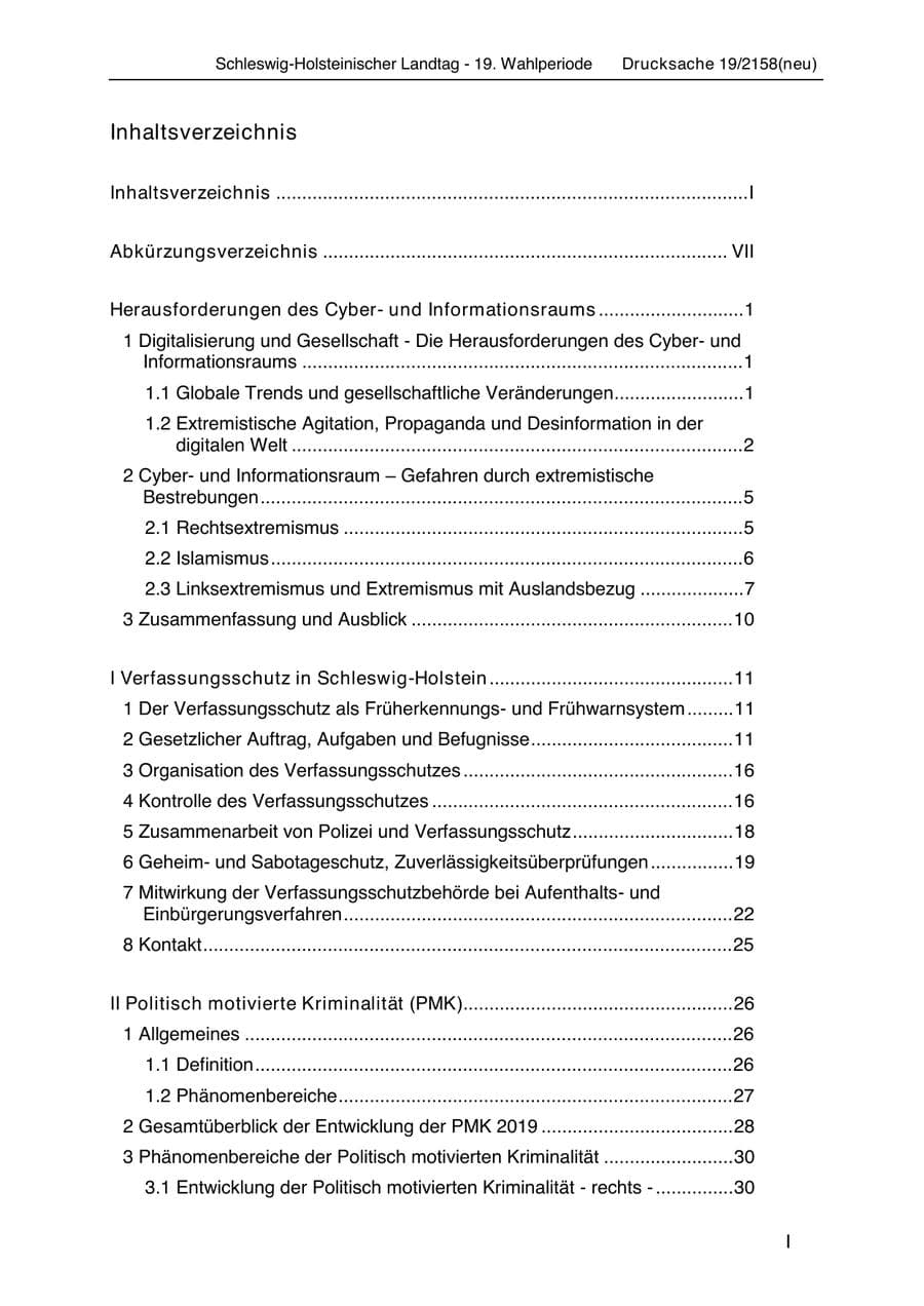 Seite 3 des Verfassungsschutzbericht 2019 Schleswig-Holstein