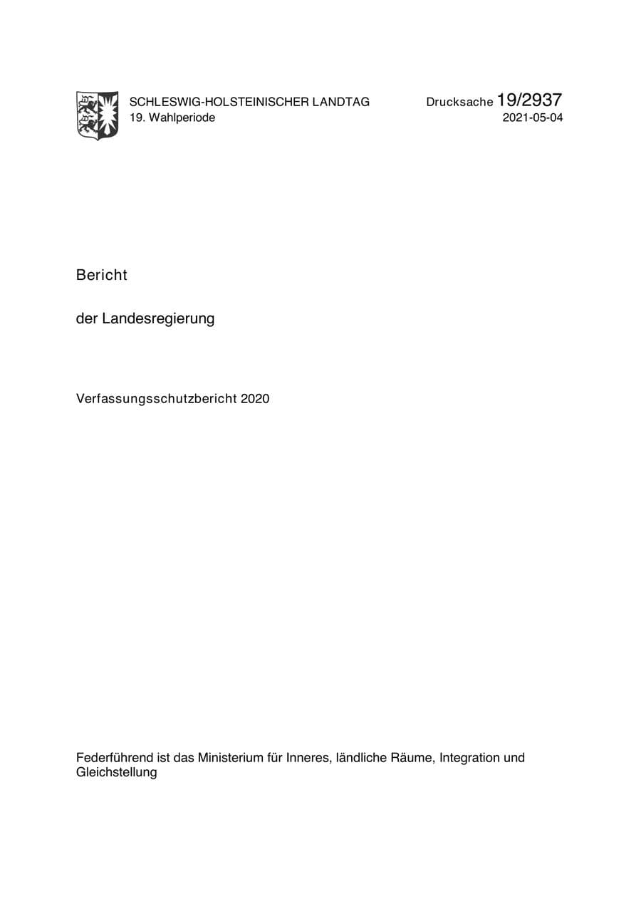 Seite 1 des Verfassungsschutzbericht 2020 Schleswig-Holstein