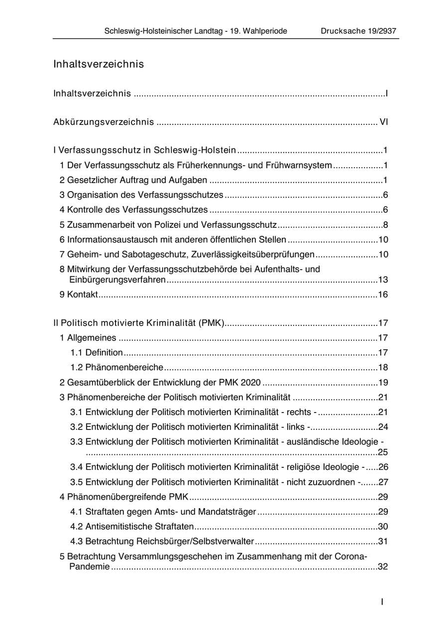 Seite 3 des Verfassungsschutzbericht 2020 Schleswig-Holstein