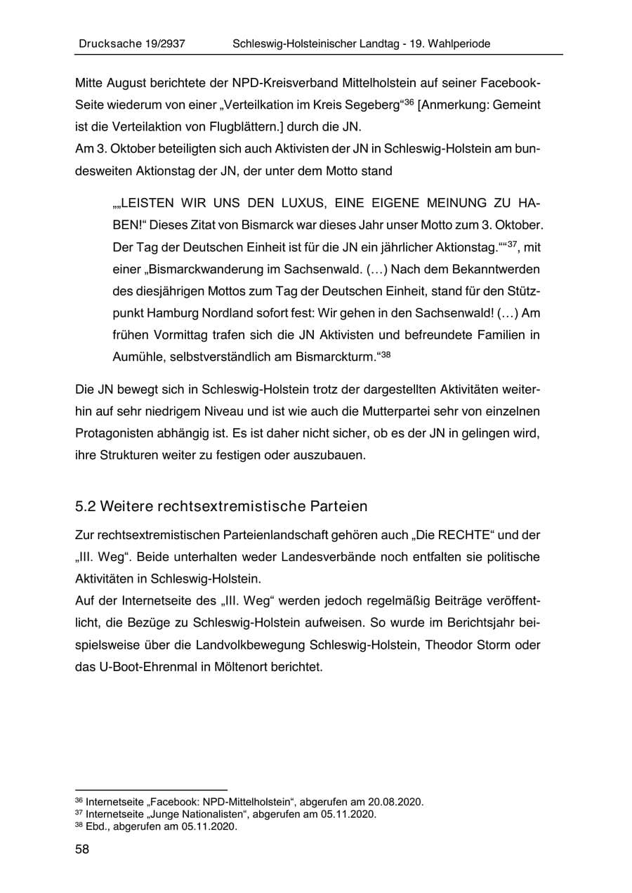 Seite 70 des Verfassungsschutzbericht 2020 Schleswig-Holstein
