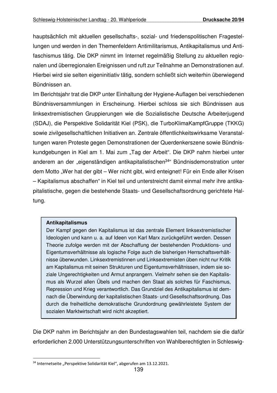 Seite 140 des Verfassungsschutzbericht 2021 Schleswig-Holstein