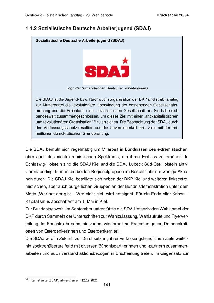 Seite 142 des Verfassungsschutzbericht 2021 Schleswig-Holstein