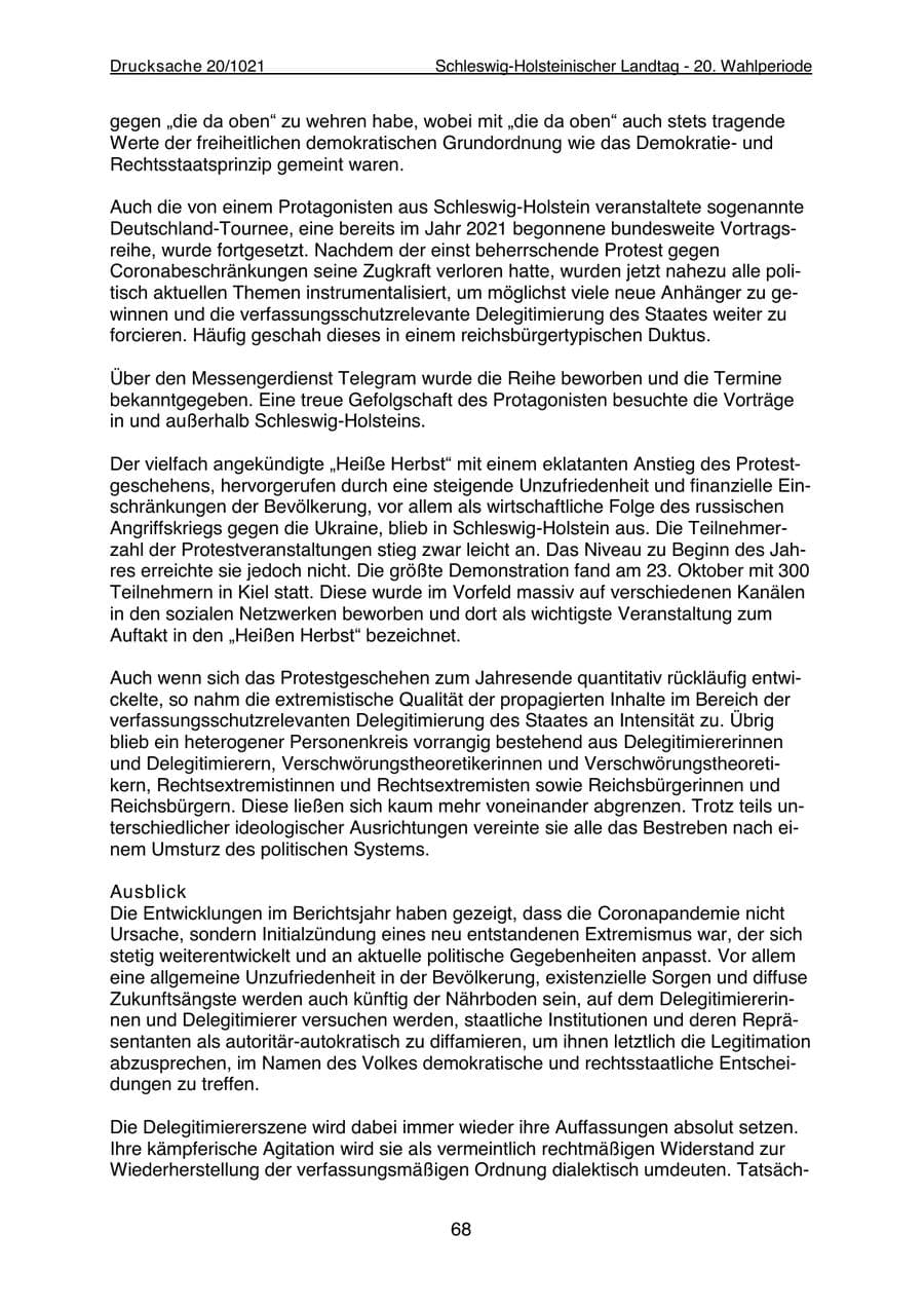 Seite 70 des Verfassungsschutzbericht 2022 Schleswig-Holstein