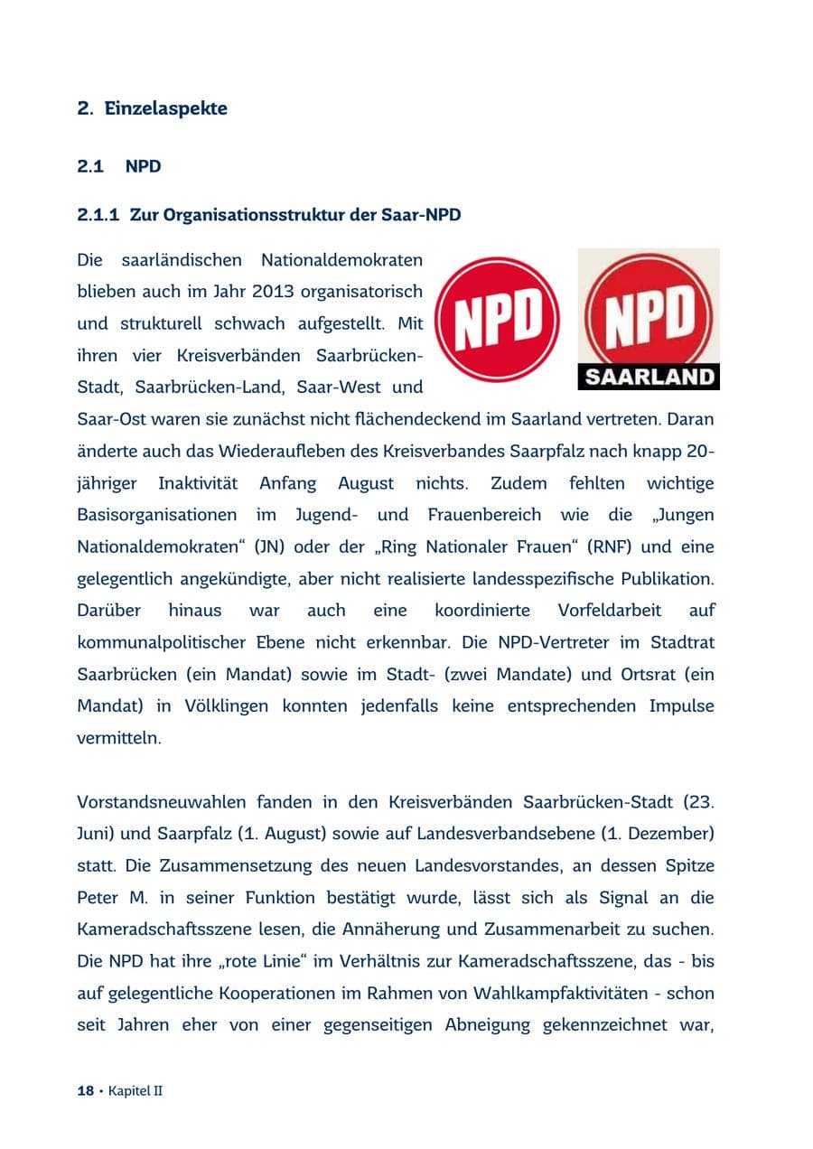 Seite 18 des Verfassungsschutzbericht 2013 Saarland