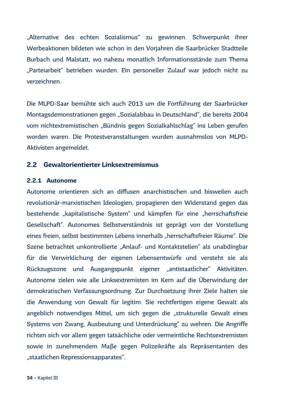 Seite 34 des Verfassungsschutzbericht 2013 Saarland