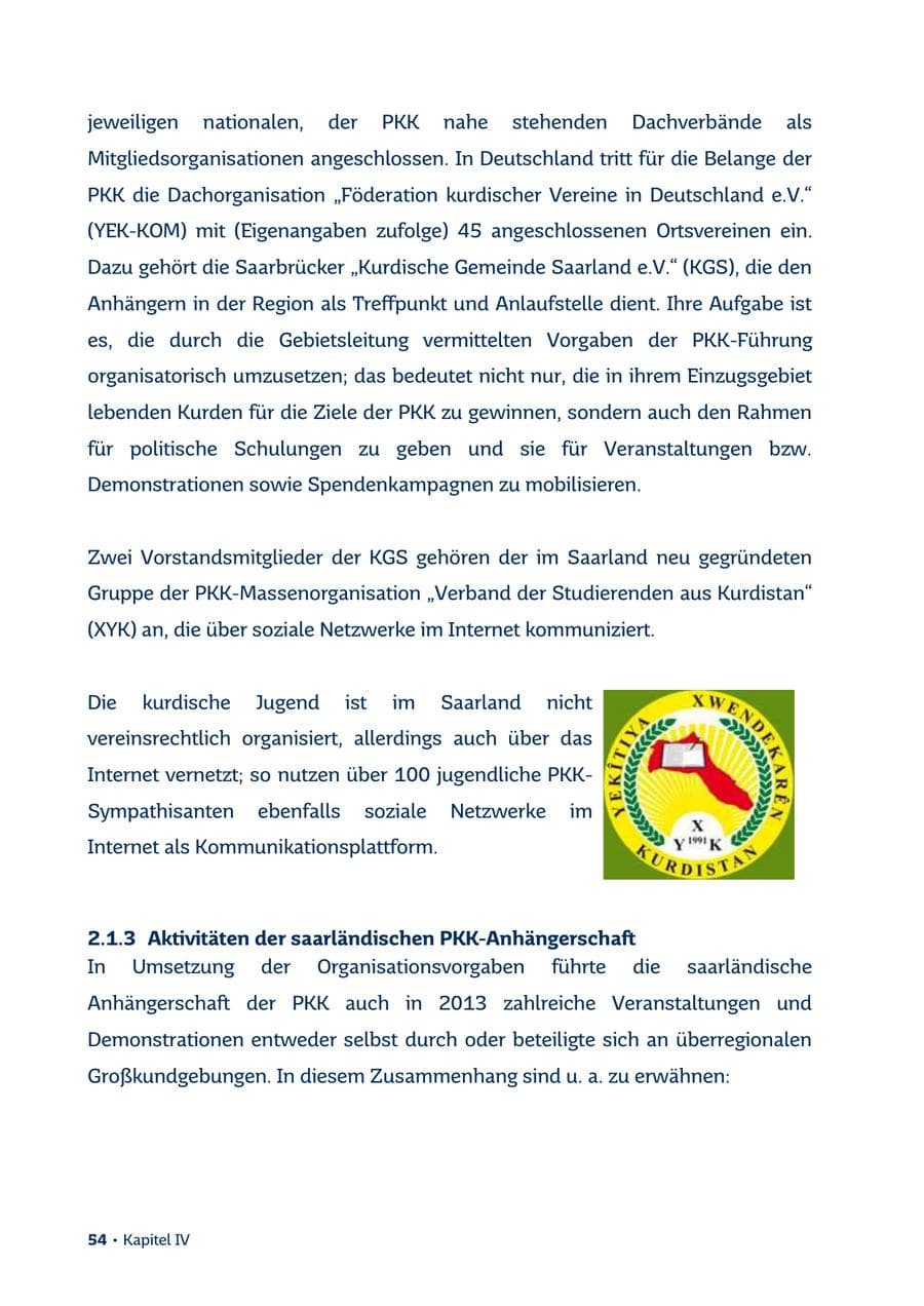 Seite 54 des Verfassungsschutzbericht 2013 Saarland