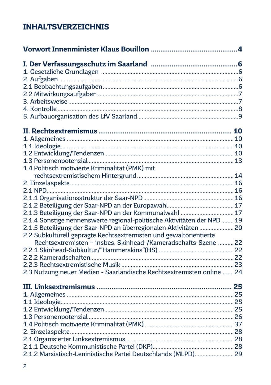 Seite 2 des Verfassungsschutzbericht 2014 Saarland