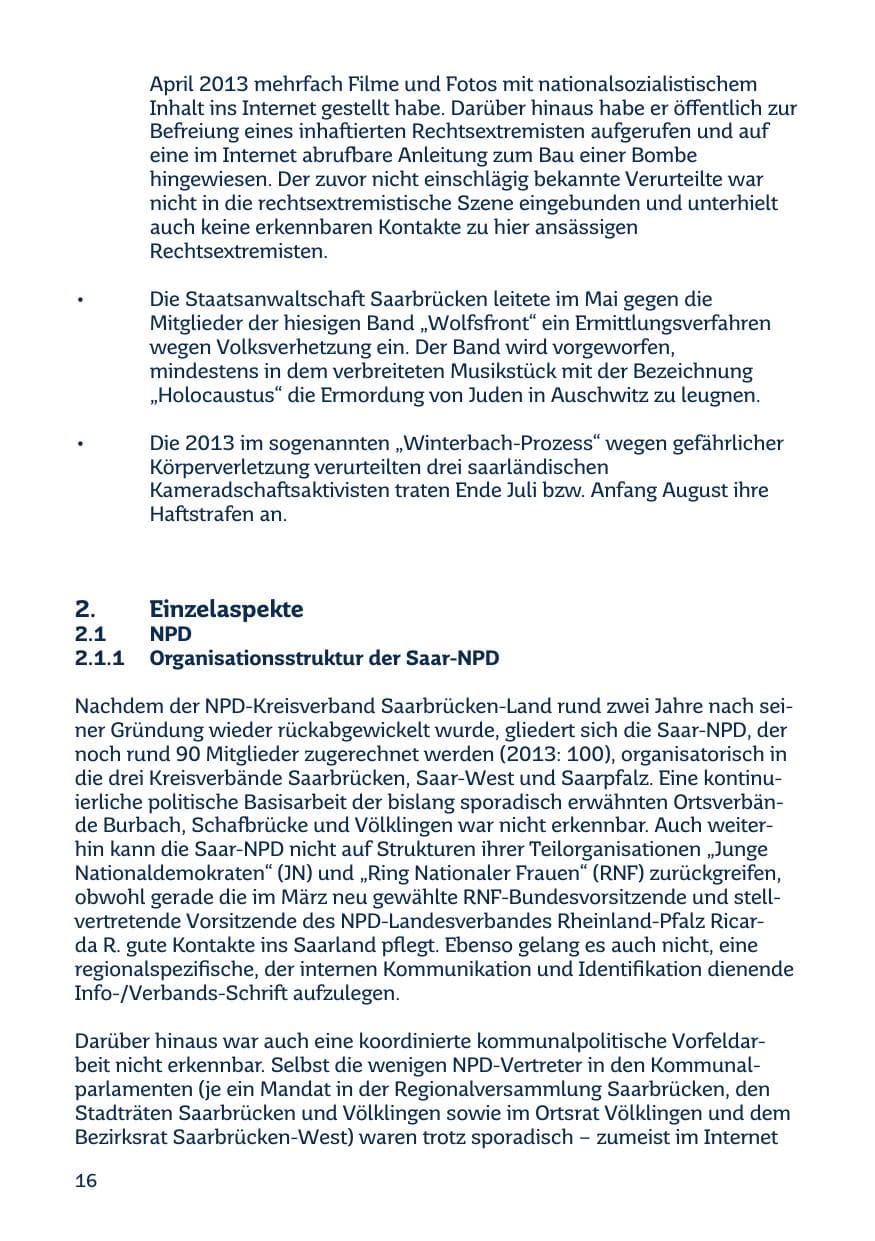 Seite 16 des Verfassungsschutzbericht 2014 Saarland