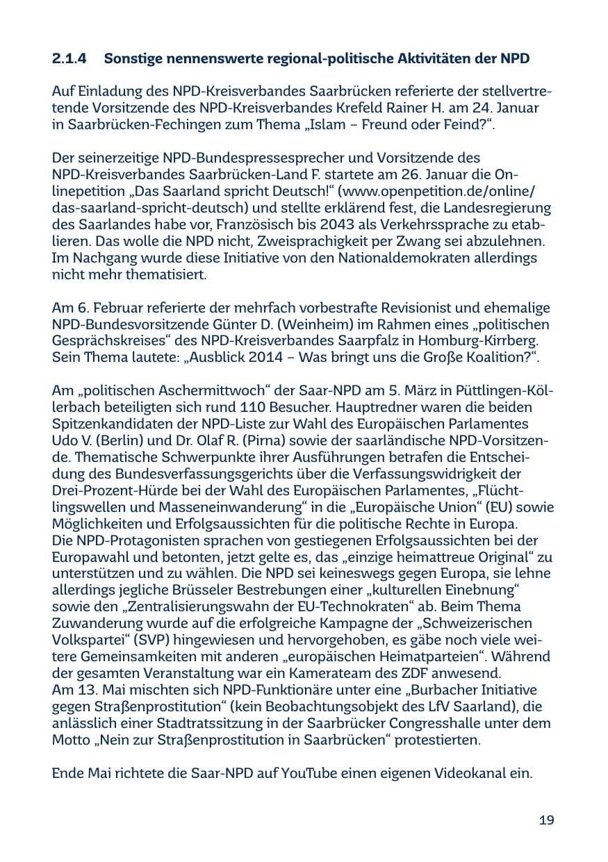Seite 19 des Verfassungsschutzbericht 2014 Saarland