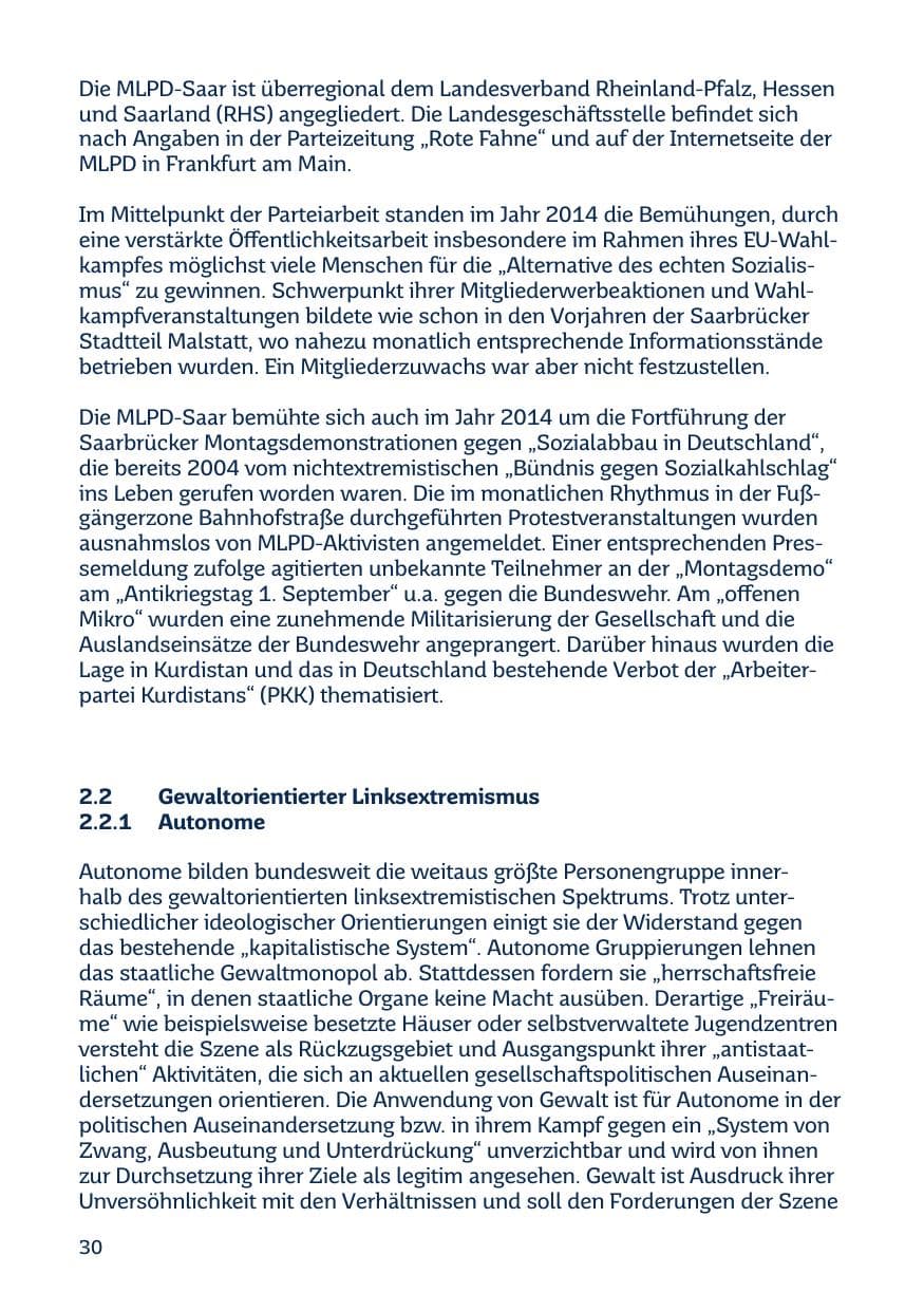 Seite 30 des Verfassungsschutzbericht 2014 Saarland