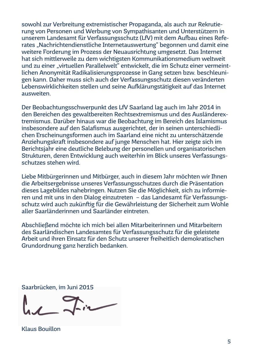 Seite 5 des Verfassungsschutzbericht 2014 Saarland