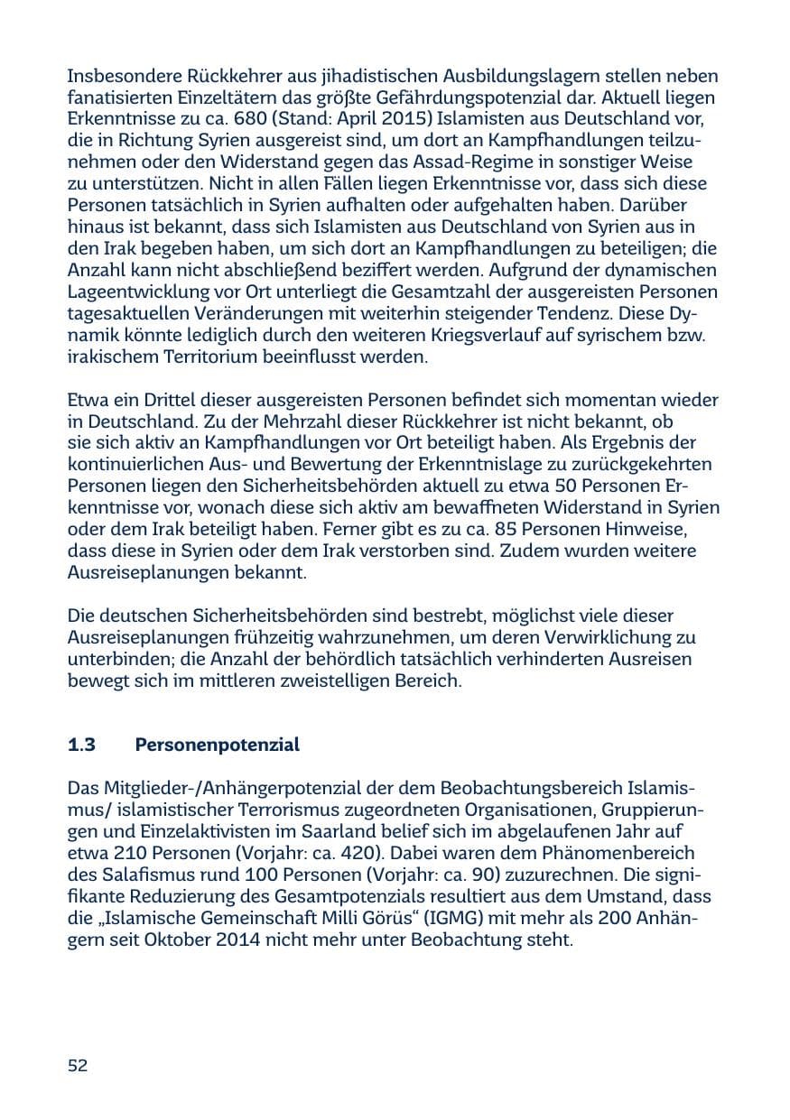 Seite 52 des Verfassungsschutzbericht 2014 Saarland