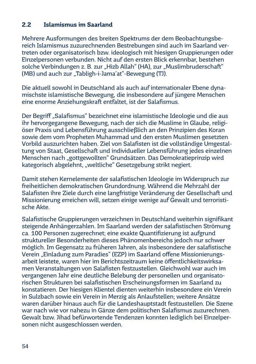 Seite 54 des Verfassungsschutzbericht 2014 Saarland