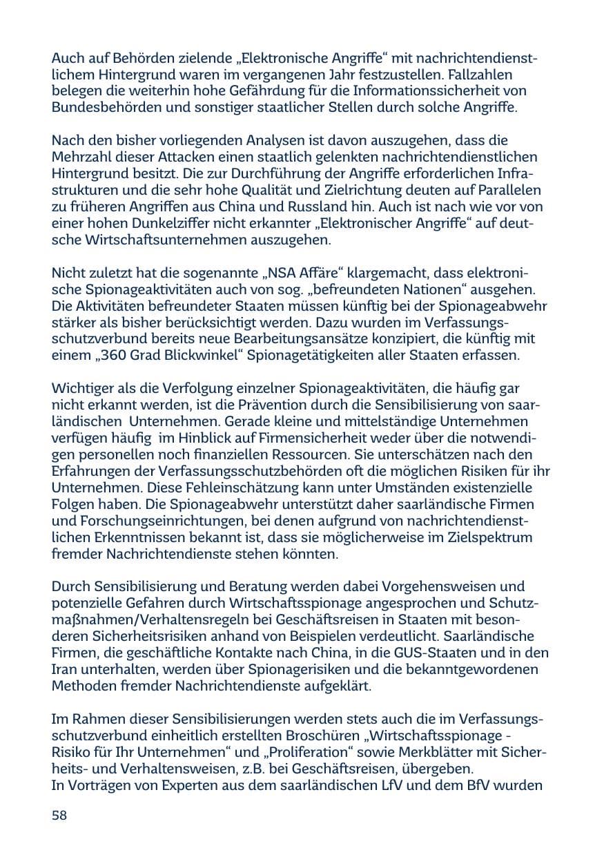Seite 58 des Verfassungsschutzbericht 2014 Saarland