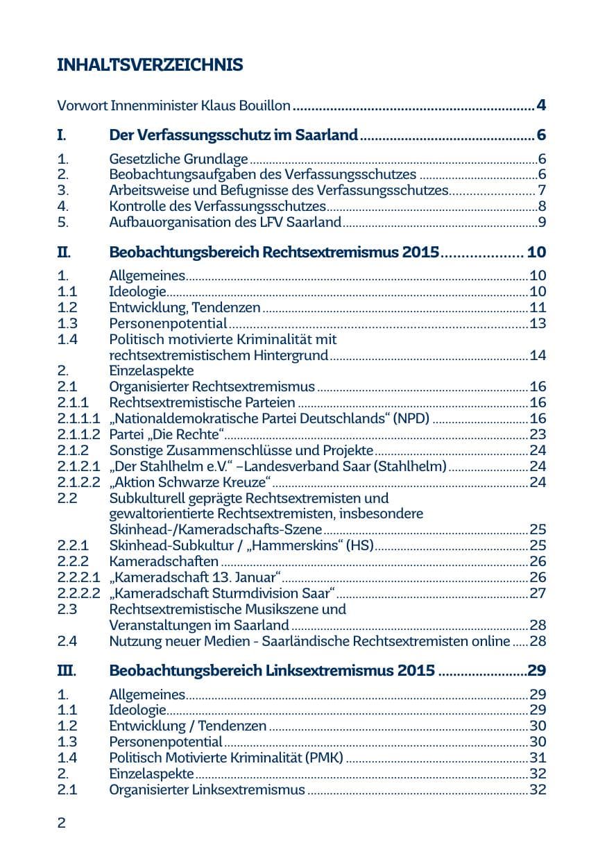 Seite 2 des Verfassungsschutzbericht 2015 Saarland