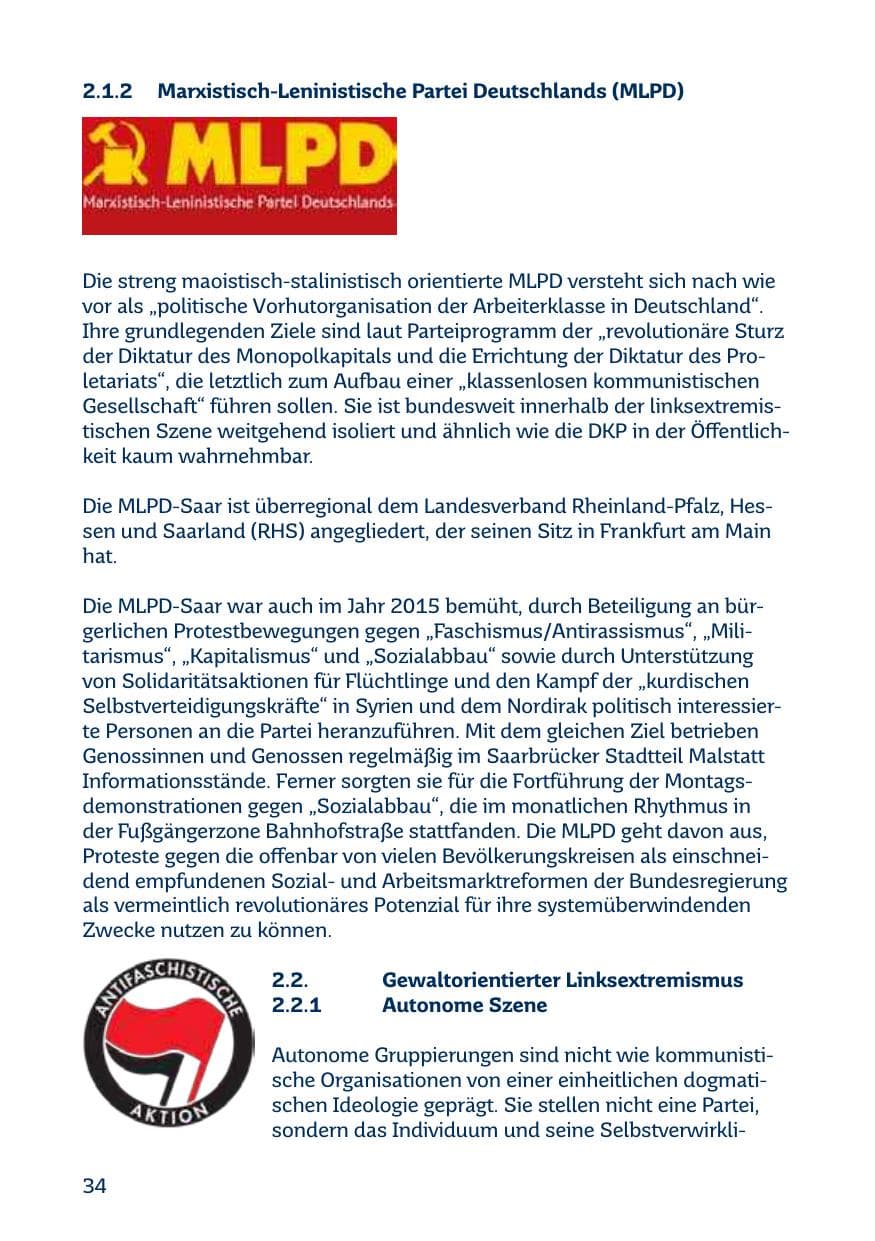 Seite 34 des Verfassungsschutzbericht 2015 Saarland