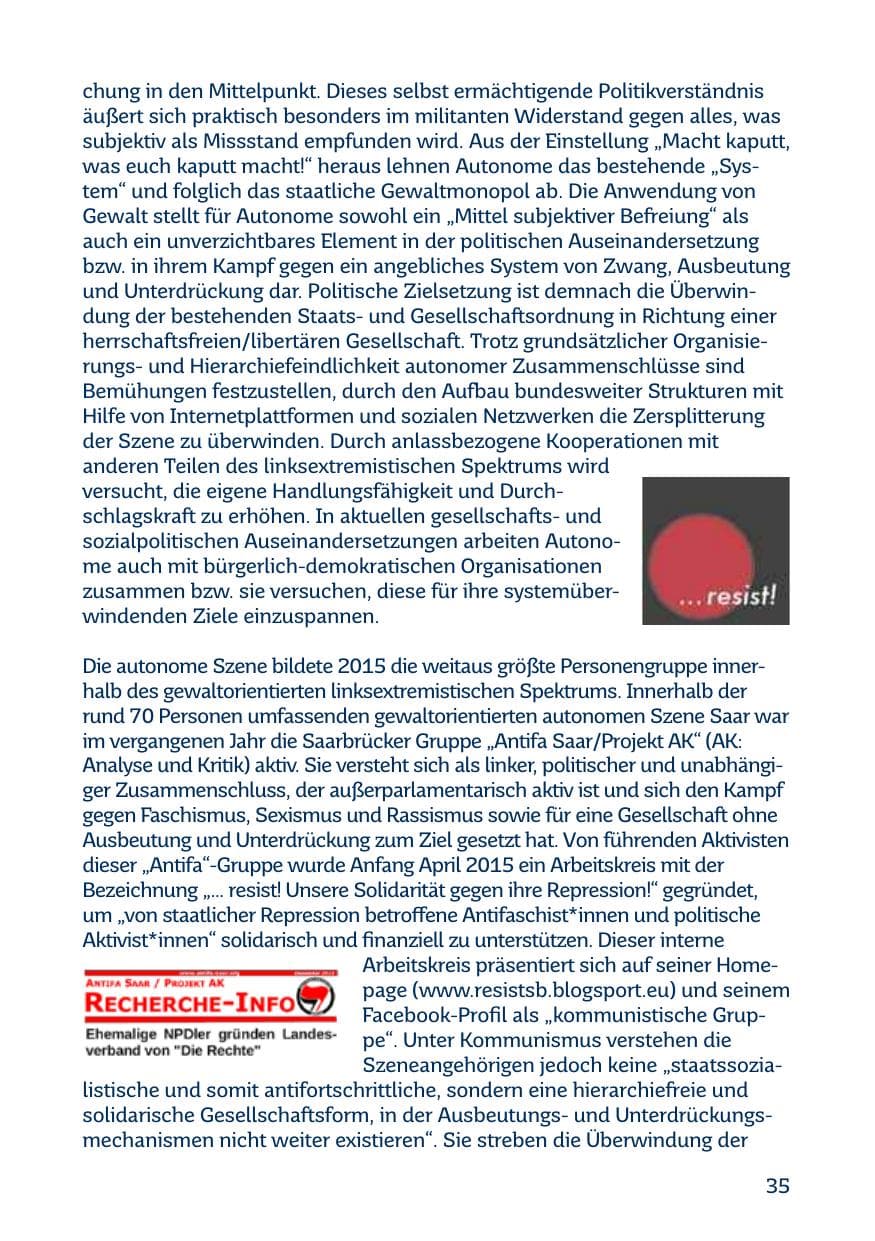 Seite 35 des Verfassungsschutzbericht 2015 Saarland
